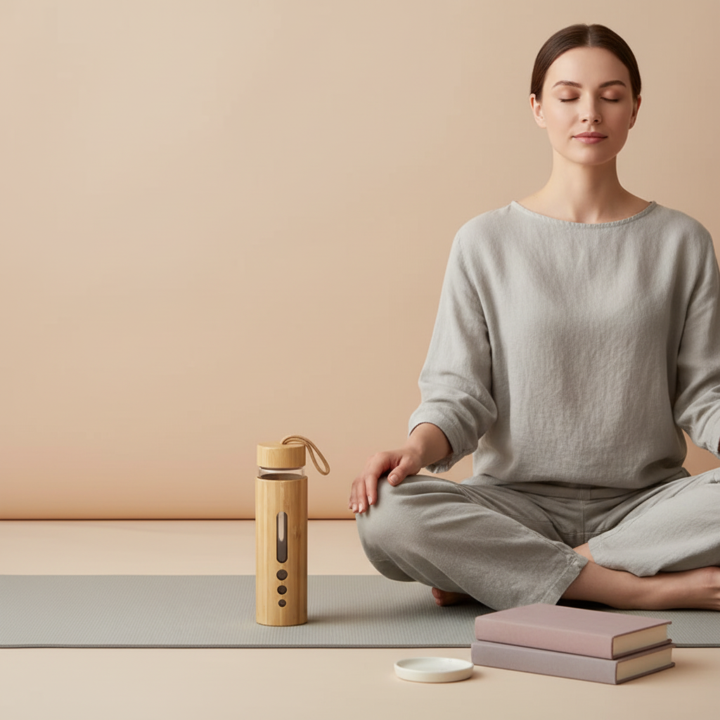 A bamboo glass water bottle with a window sleeve placed beside a person seated in meditation on a neutral mat in soft natural light. — for Carpe Diem Dream