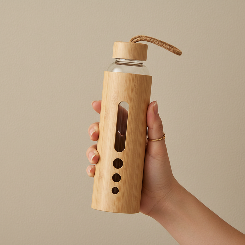 A bamboo glass water bottle with a window sleeve held in one hand against a neutral background showing real-life scale and grip. — for Carpe Diem Dream