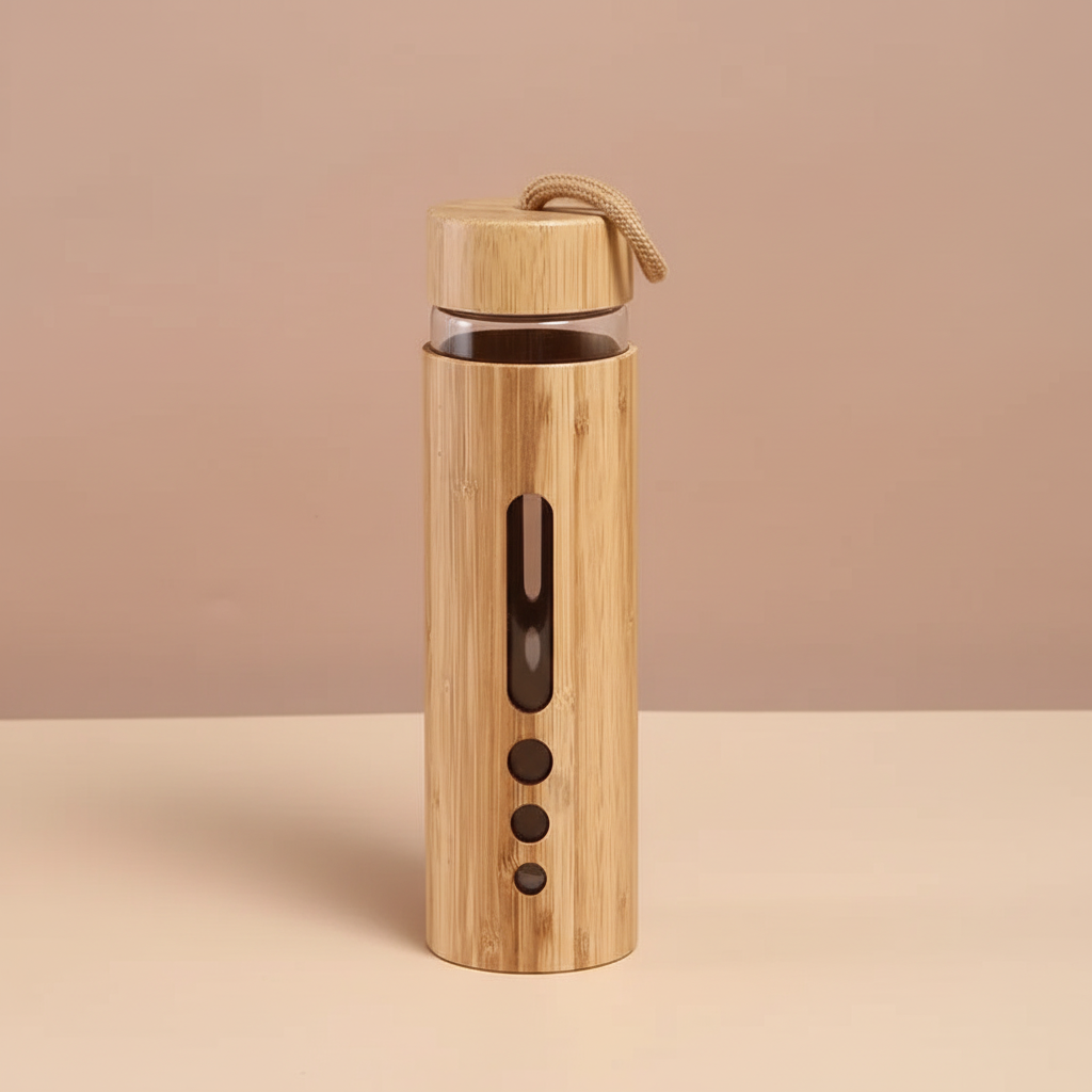A bamboo glass water bottle with a window sleeve displayed upright against a soft neutral background with clean studio lighting. — for Carpe Diem Dream