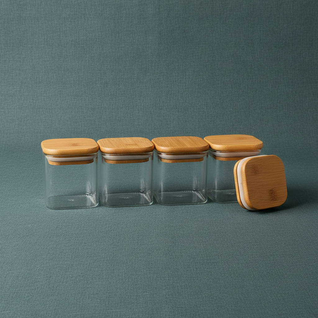 A set of clear glass storage jars with bamboo lids filled with spices and labeled on a white background. — for Carpe Diem Dream