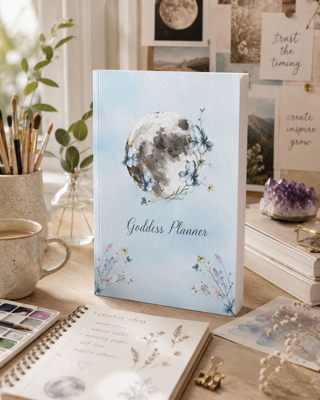 Goddess Planner featured within a thoughtfully curated creative sanctuary, inspiring intentional planning, moon journaling, self-care practices, and imaginative personal growth. — for Carpe Diem Dream