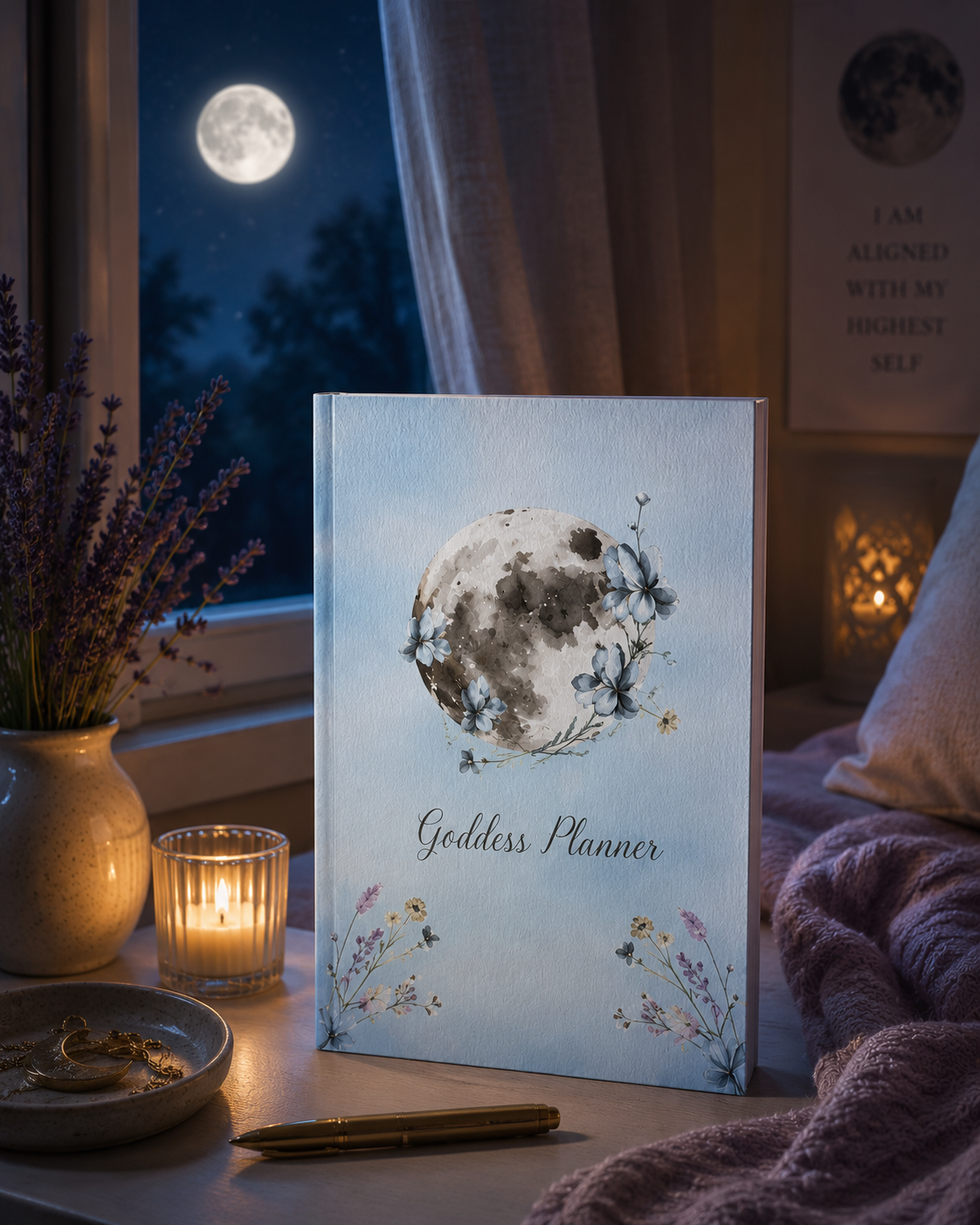 Goddess Planner paperback displayed on a bedside table beside a moonlit window, lavender arrangement, and soft mauve blanket, illustrating an evening ritual space for lunar reflection, intention setting, self-care, and mindful planning. — for Carpe Diem Dream
