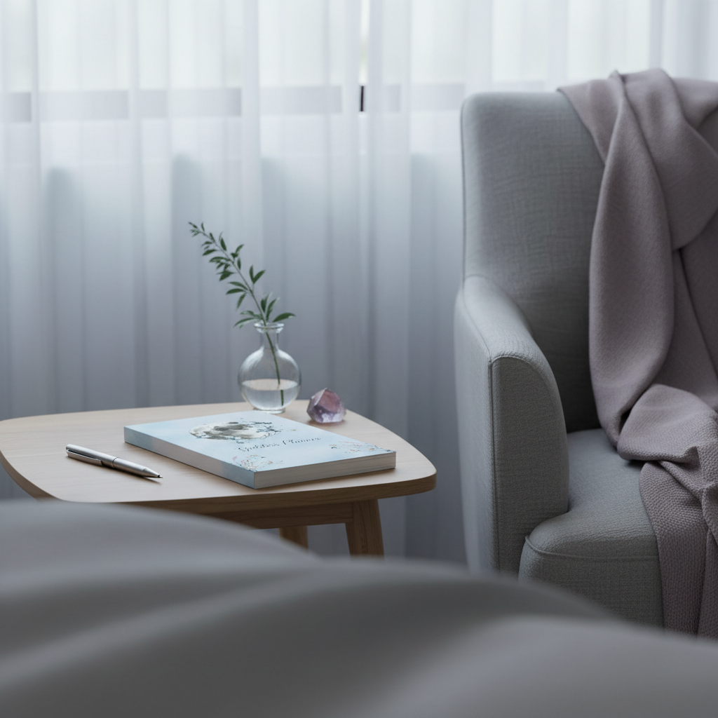 Goddess Planner displayed in a serene bedroom sanctuary beside a reading chair and soft mauve throw, illustrating a peaceful space for moon journaling, self-care reflection, intentional planning, and personal growth. — for Carpe Diem Dream