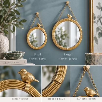 Small and large gold bird hanging wall mirrors displayed on a cool blue-gray wall, with size measurements and close-up details of the decorative bird, ribbed gold frame, and hanging chain.