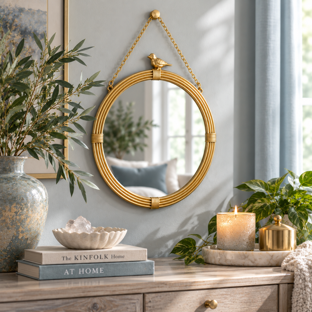 Gold bird hanging wall mirror with ribbed frame and decorative chain displayed above a wooden console with botanical greenery, crystals, books, and a candle in a cool-neutral interior.