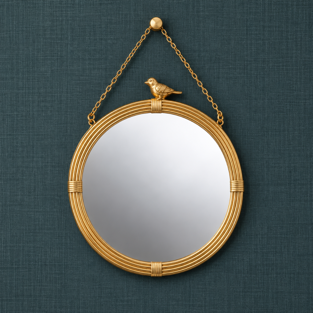 Round gold hanging wall mirror with decorative bird accent, ribbed resin frame, and gold chain against a dark teal textured linen background.
