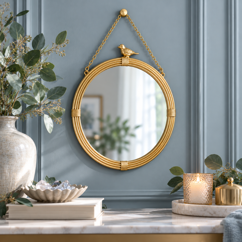 Gold hanging wall mirror with decorative bird accent and ribbed frame displayed on a cool blue-gray paneled wall above a marble console with eucalyptus, crystals, and a candle.