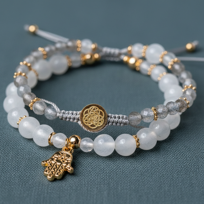 A close-up view of crystal bracelets featuring citrine, moonstone, and labradorite beads with gold spacer accents and a gold hand of hamsa charm against a muted teal background. — for Carpe Diem Dream