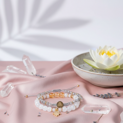 A set of crystal bracelets featuring citrine, moonstone, and labradorite beads with gold accents arranged on soft pink fabric with clear quartz points and a lotus bowl in a studio botanical setting. — for Carpe Diem Dream