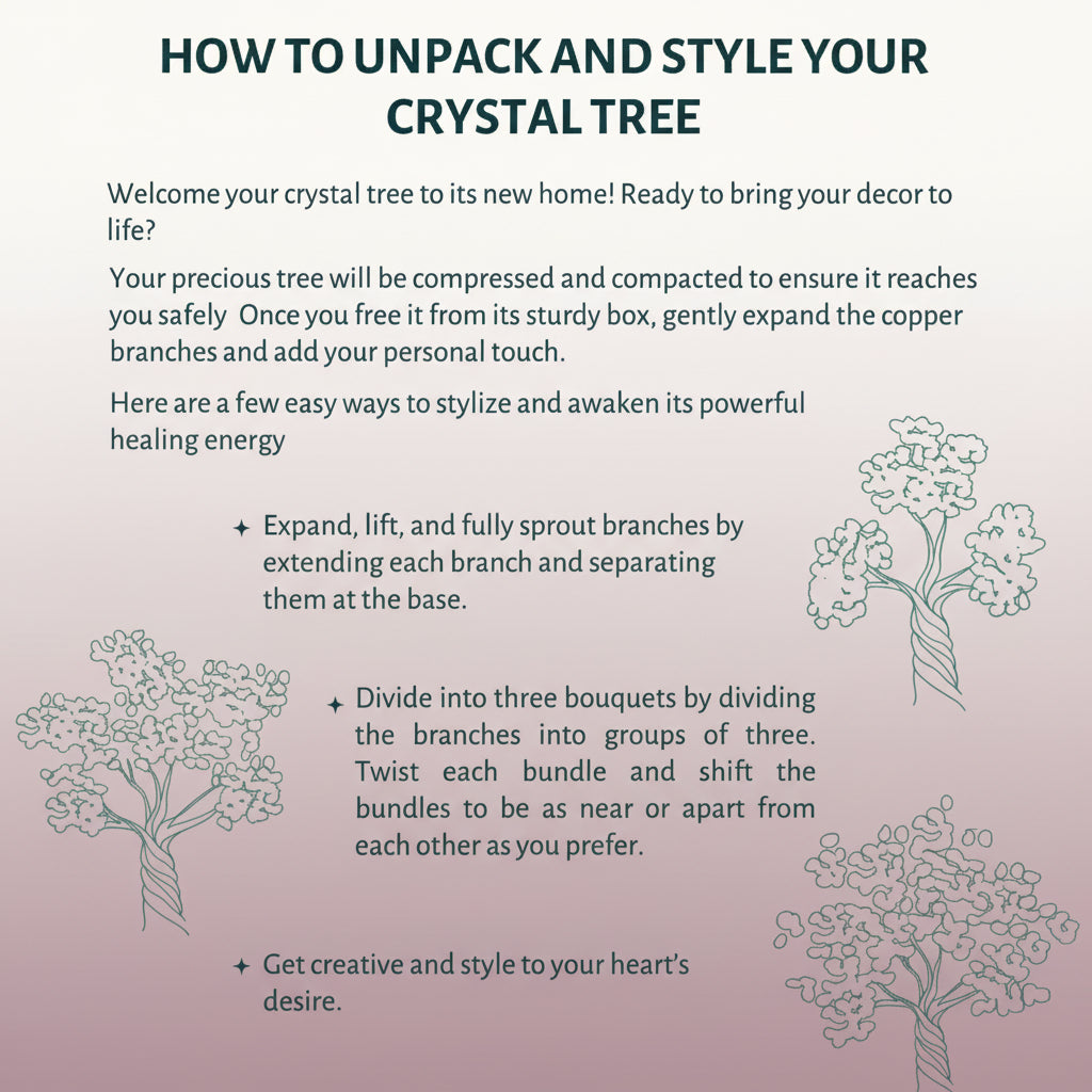 How to unpack and style your crystal tree instruction sheet with tree illustrations on soft pink-lavender gradient background. — for Carpe Diem Dream