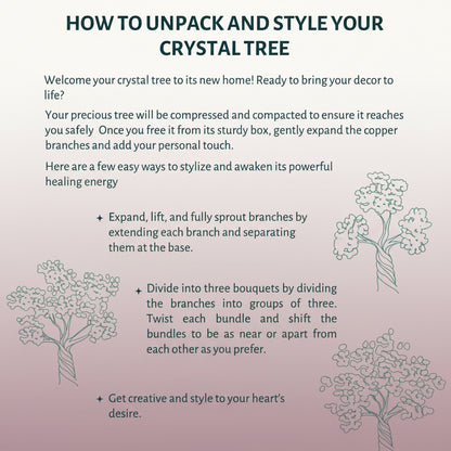 How to unpack and style your crystal tree instruction sheet with tree illustrations on soft pink-lavender gradient background. — for Carpe Diem Dream