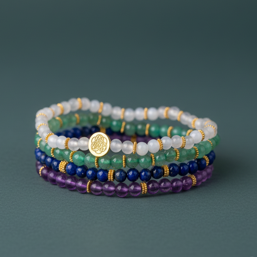Stack of multicolored gemstone luck bracelets shown in a neat circle on soft teal surface. — for Carpe Diem Dream