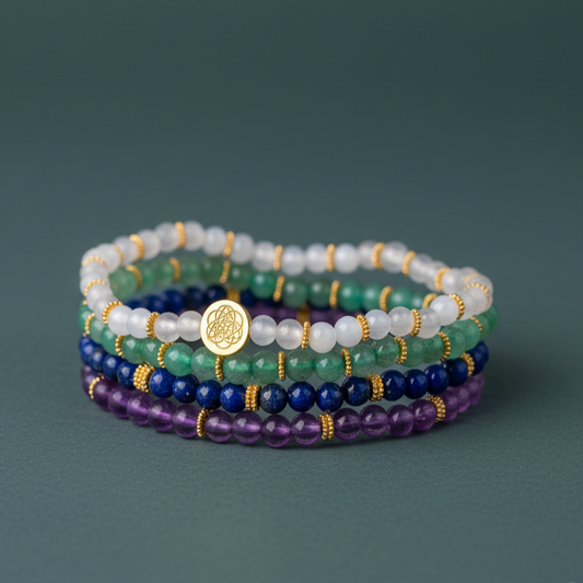 Stack of multicolored gemstone luck bracelets shown in a neat circle on soft teal surface. — for Carpe Diem Dream