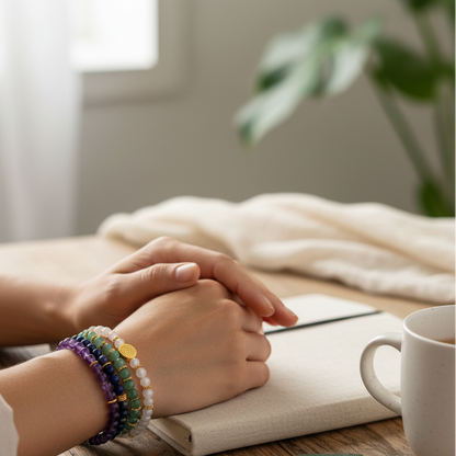 Multicolored gemstone luck bracelets worn on wrist while writing beside neutral coffee mug. — for Carpe Diem Dream