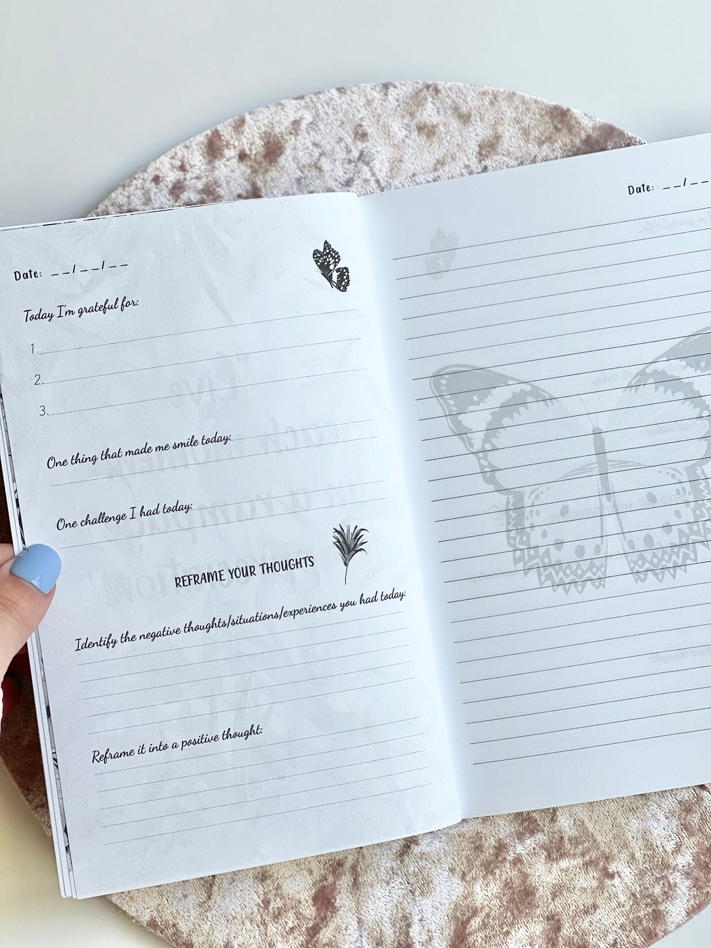 Interior spread of Gratitude Daily Journal showing guided gratitude prompts and lined reflection page with butterfly illustration on a neutral background — for Carpe Diem Dream