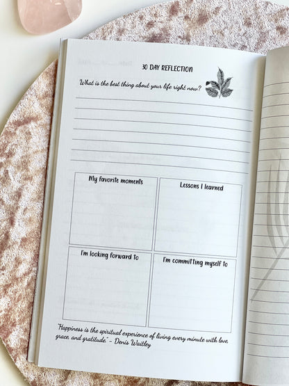 Interior reflection spread of Gratitude Daily Journal showing 30 Day Reflection prompts and four guided journaling sections on a neutral background — for Carpe Diem Dream