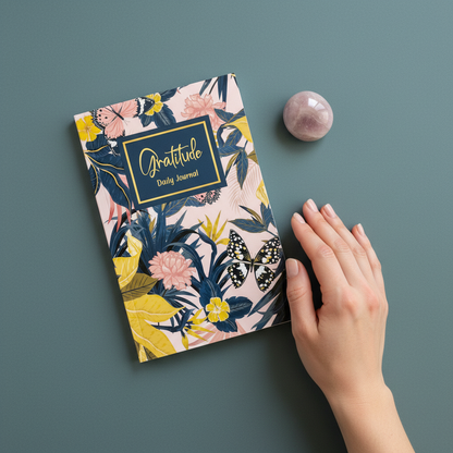 Gratitude Daily Journal shown upright on a teal textured background with a hand beside it for size reference and a small rose quartz sphere nearby — for Carpe Diem Dream