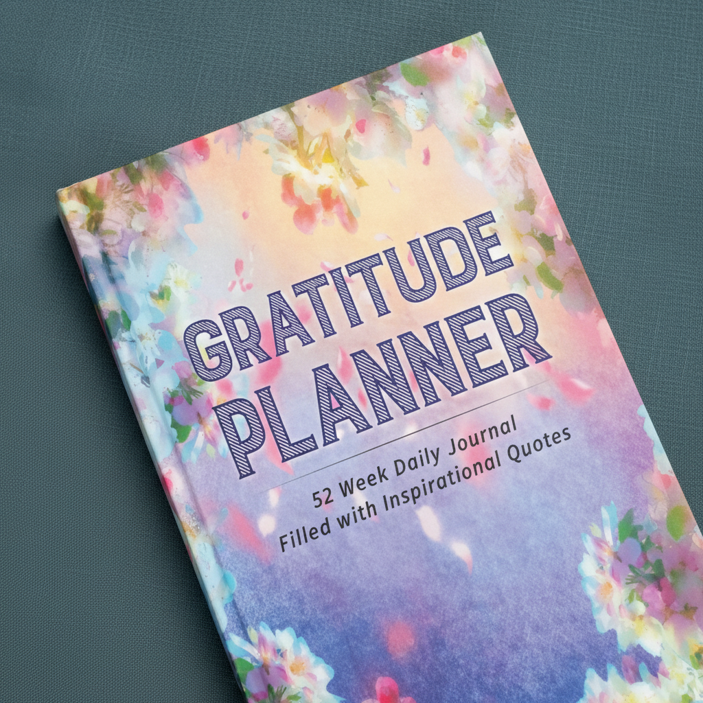 Close-up of Gratitude Planner hardcover showing colorful floral watercolor artwork and 52-week gratitude journaling design on a textured teal linen background. — for Carpe Diem Dream