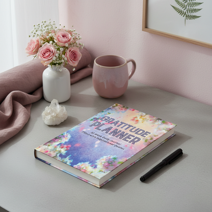 Gratitude Planner hardcover displayed on a tabletop with a coffee mug, blush florals, crystal, and pen in a calming home journaling setting. — for Carpe Diem Dream