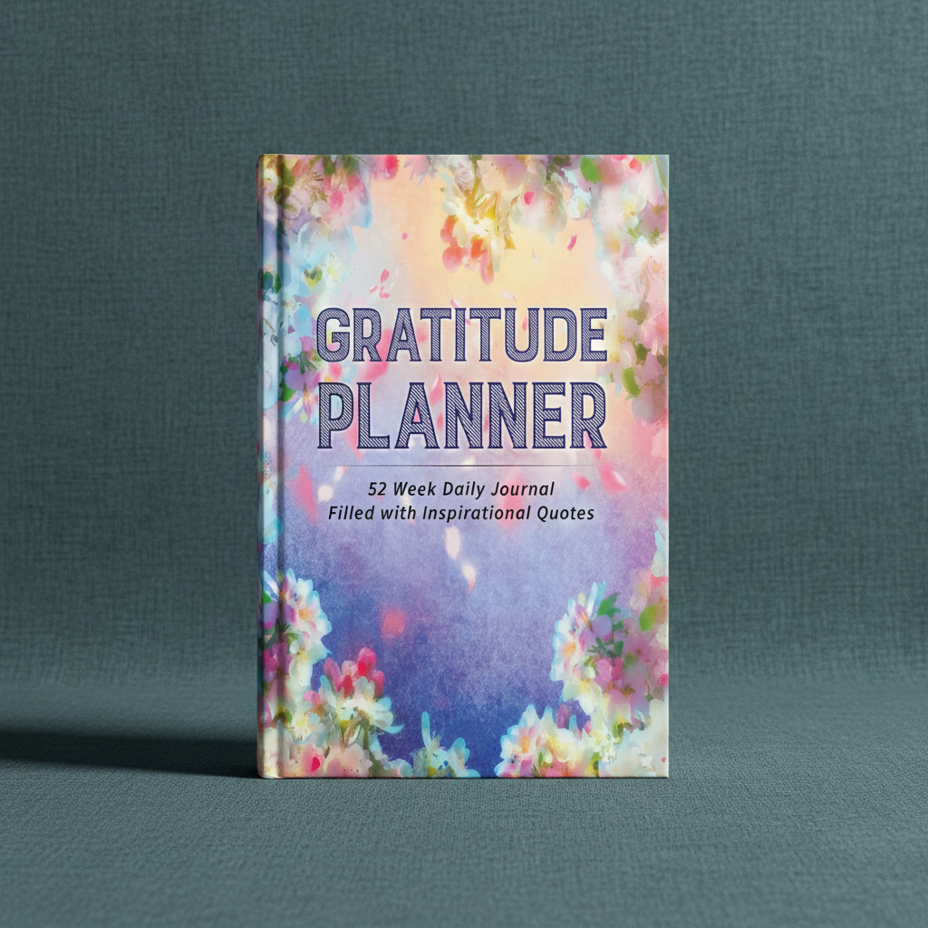 Gratitude Planner hardcover standing upright on a textured teal linen background with colorful floral artwork and inspirational quote journaling theme visible. — for Carpe Diem Dream