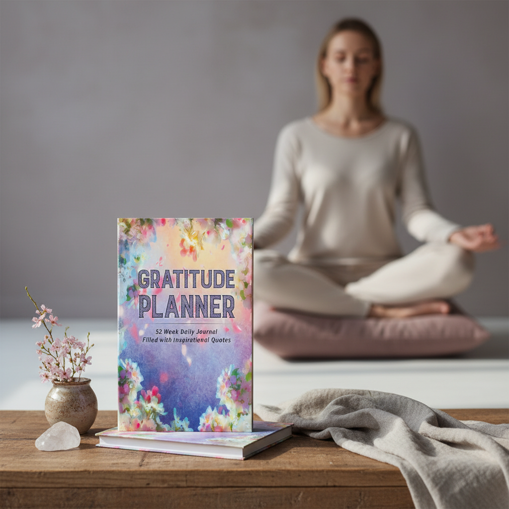 Gratitude Planner hardcover displayed in a mindful meditation setting with a seated practitioner, soft textiles, and calming wellness-inspired surroundings. — for Carpe Diem Dream