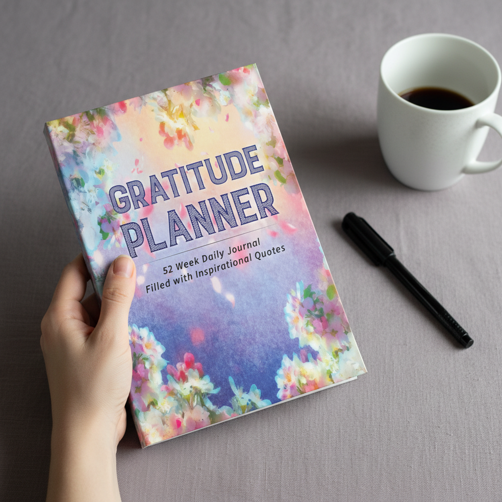 Hand holding Gratitude Planner hardcover beside a pen and coffee mug, showing realistic size and proportions for daily gratitude journaling. — for Carpe Diem Dream