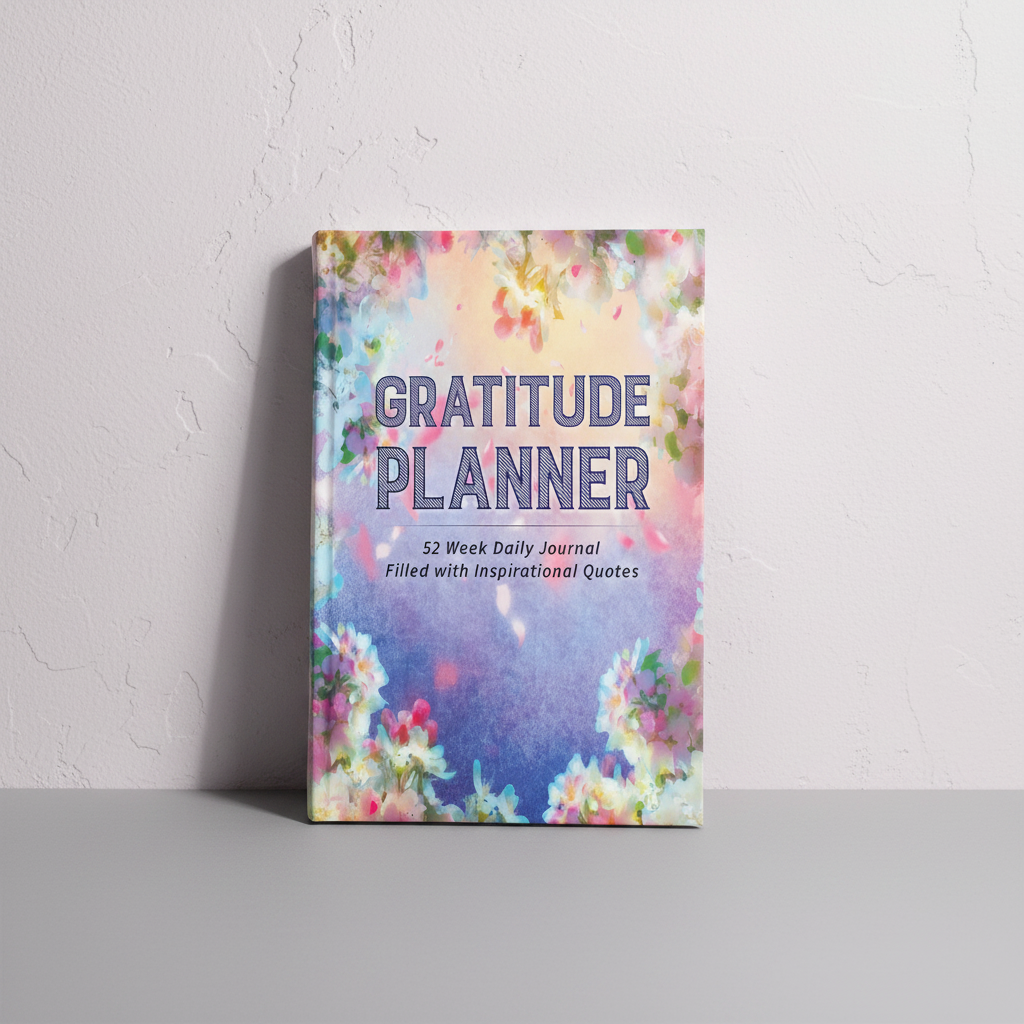Gratitude Planner hardcover displayed upright on a tabletop showing realistic size, proportions, and hardcover construction. — for Carpe Diem Dream