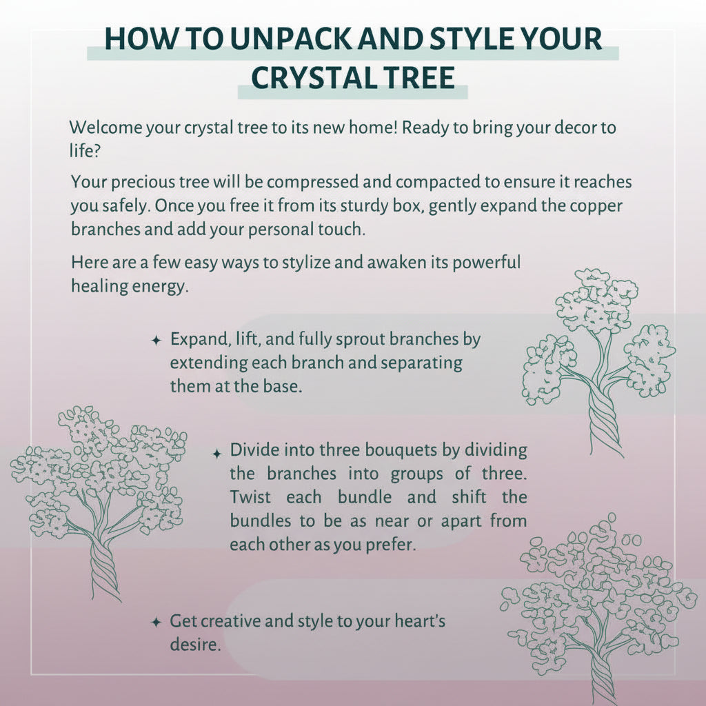 Instruction card explaining how to unpack and style a crystal tree, with illustrated branch diagrams on a pink gradient background. — for Carpe Diem Dream