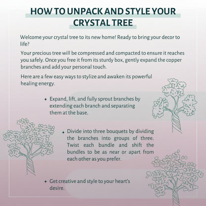 Instruction card explaining how to unpack and style a crystal tree, with illustrated branch diagrams on a pink gradient background. — for Carpe Diem Dream