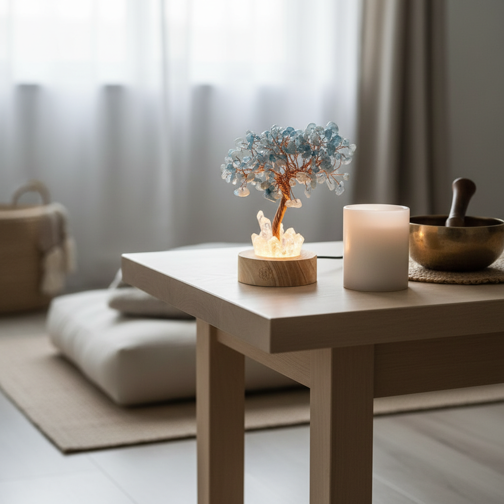 Aquamarine crystal angel lamp glowing gently in a serene meditation space with soft floor cushions, natural light, and calming decor. — for Carpe Diem Dream