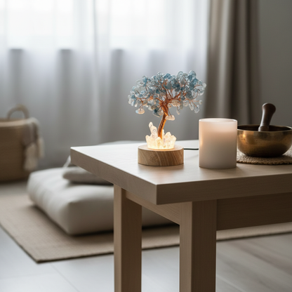 Aquamarine crystal angel lamp glowing gently in a serene meditation space with soft floor cushions, natural light, and calming decor. — for Carpe Diem Dream