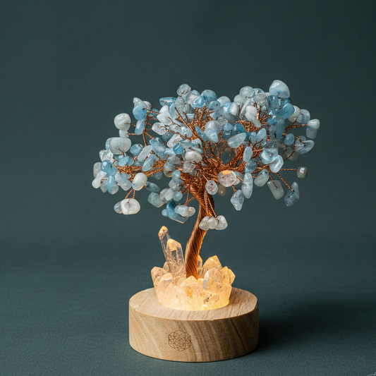 Aquamarine crystal angel tree lamp glowing warmly on a wooden base with a muted teal backdrop. — for Carpe Diem Dream