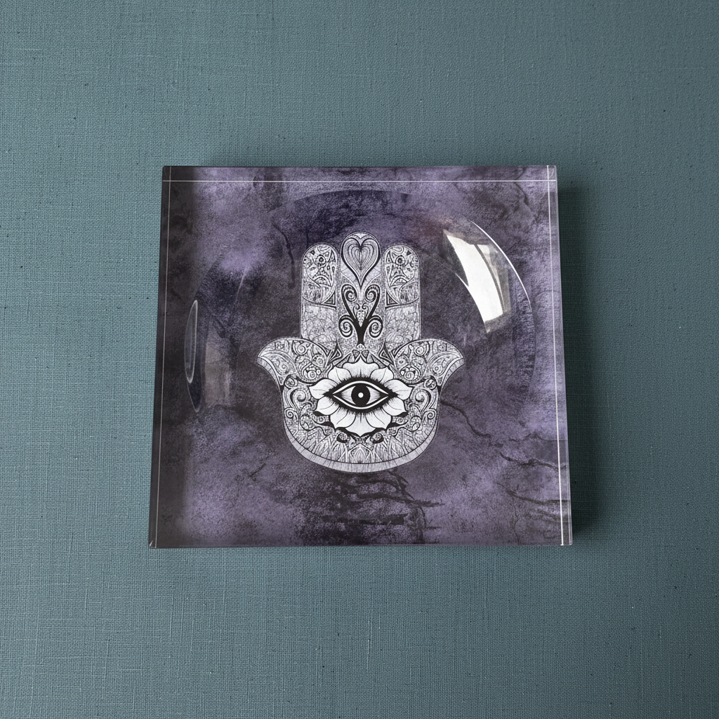 A close-up of a square acrylic Hamsa catchall dish showing the purple marbled design and glossy surface on a muted teal textured background. — for Carpe Diem Dream