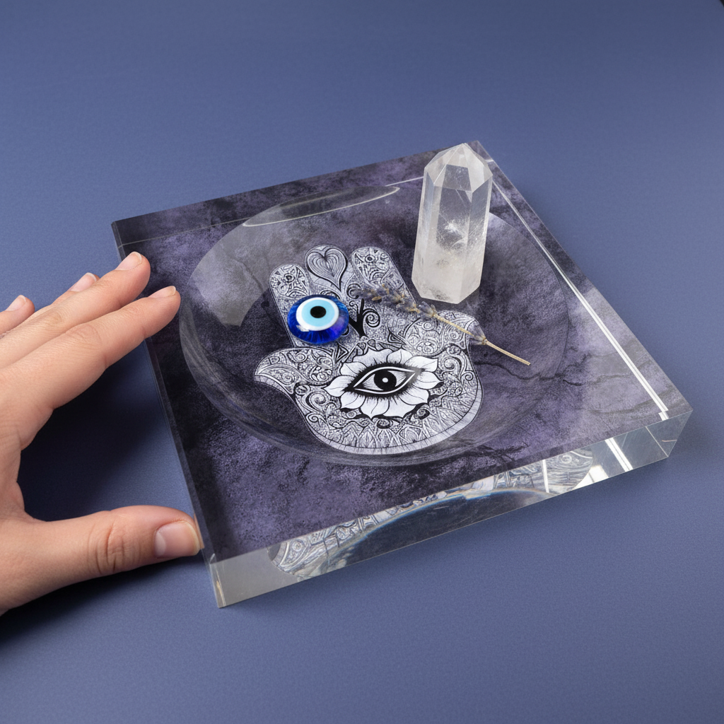A hand holding a square acrylic Hamsa catchall dish with a purple marbled design, showing its thickness and scale against a smooth blue background. — for Carpe Diem Dream