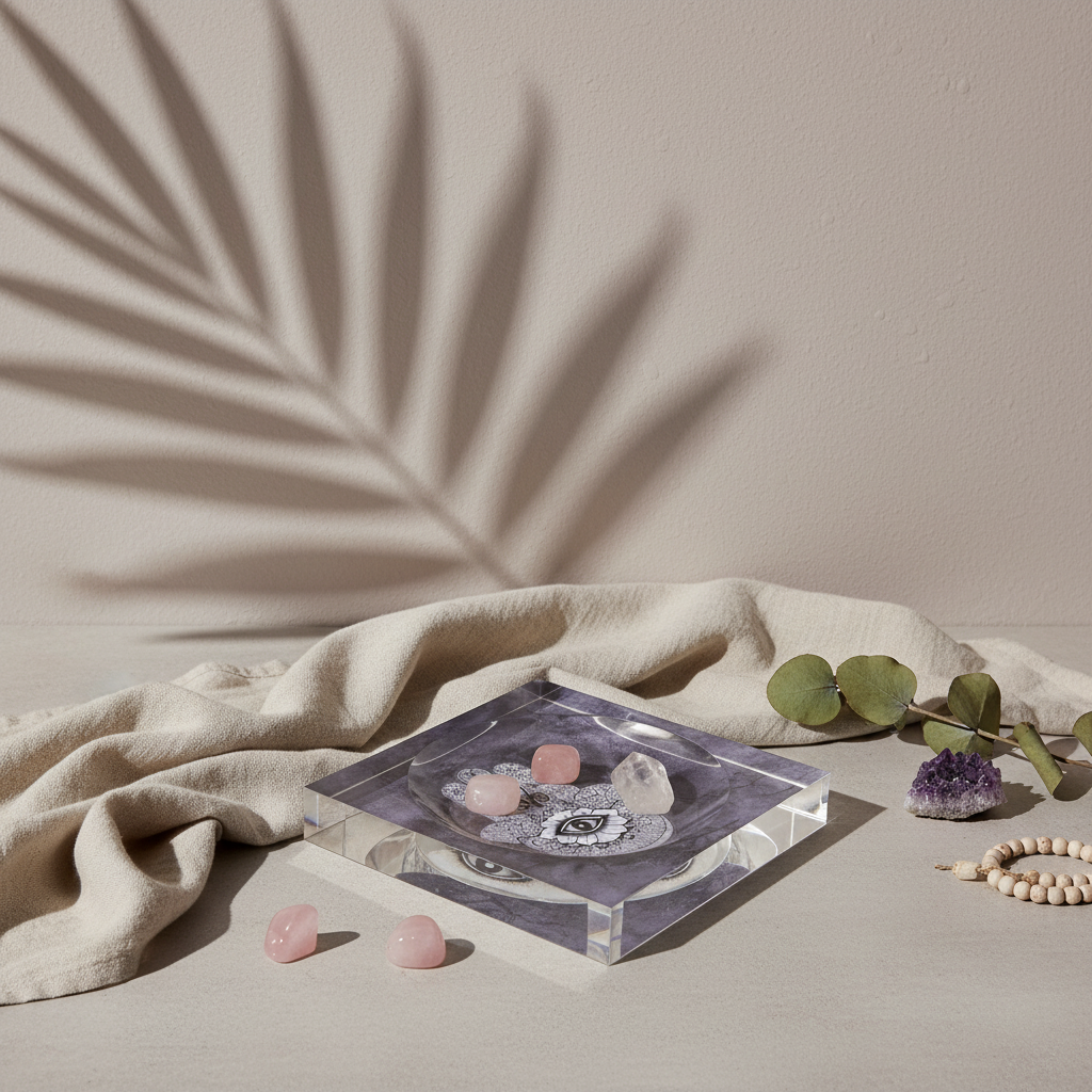 A square acrylic Hamsa catchall dish with a purple marbled design styled with crystals, beads, and soft fabric in warm natural light with botanical shadows. — for Carpe Diem Dream