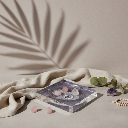 A square acrylic Hamsa catchall dish with a purple marbled design styled with crystals, beads, and soft fabric in warm natural light with botanical shadows. — for Carpe Diem Dream
