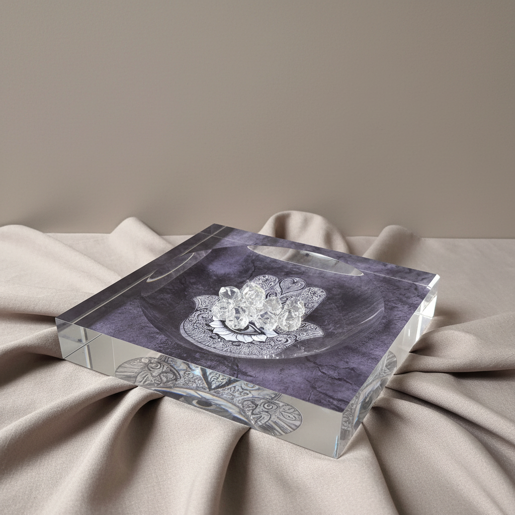 A square acrylic Hamsa catchall dish with a purple marbled design displayed on softly draped neutral fabric with clear crystals in gentle natural light. — for Carpe Diem Dream