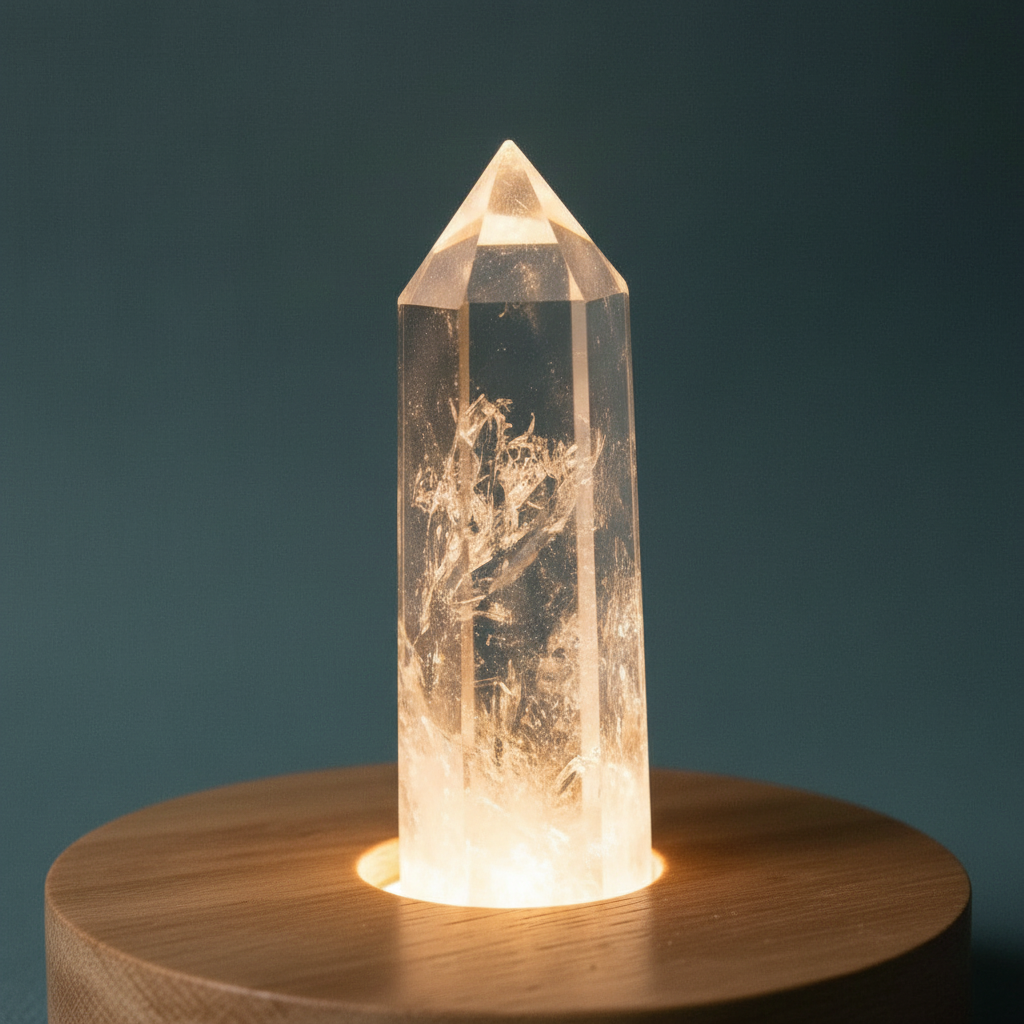 A clear quartz crystal point glowing on a round wooden base against a soft teal backdrop. — for Carpe Diem Dream