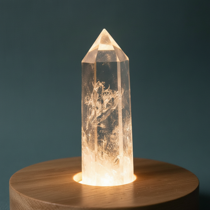 A clear quartz crystal point glowing on a round wooden base against a soft teal backdrop. — for Carpe Diem Dream