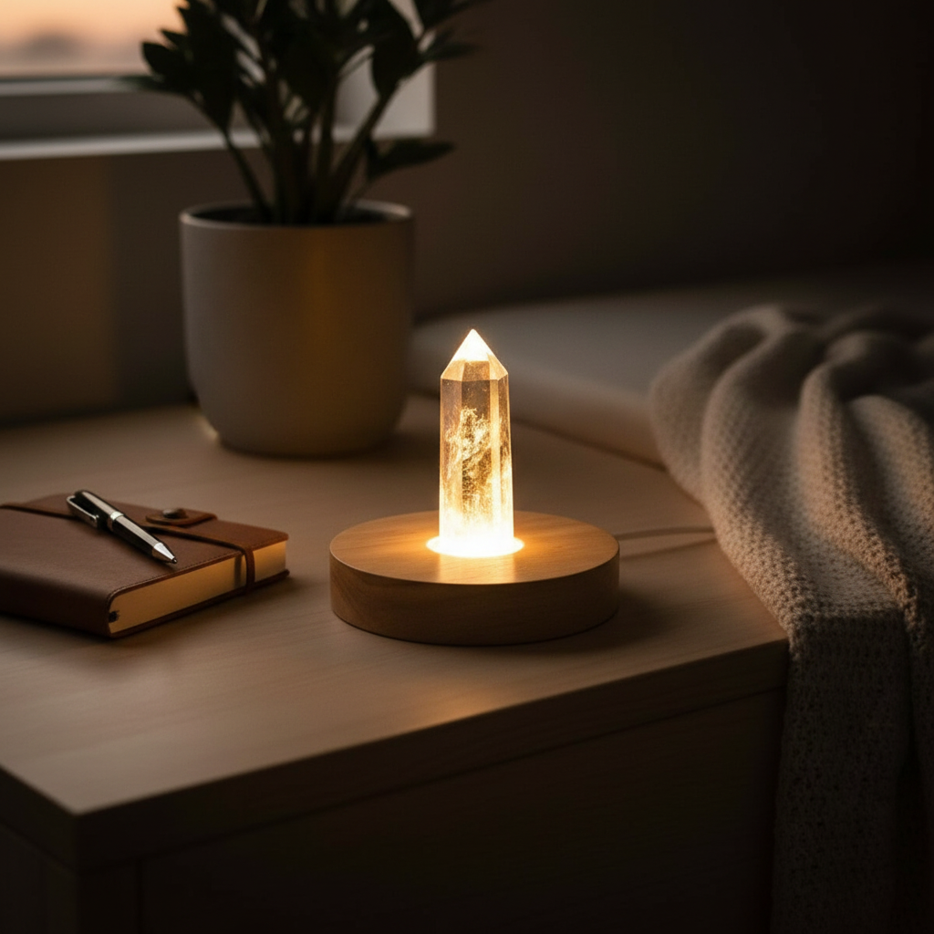 A clear quartz crystal lamp glowing on a wooden bedside table next to a journal, pen, and soft blanket in a warm evening room. — for Carpe Diem Dream