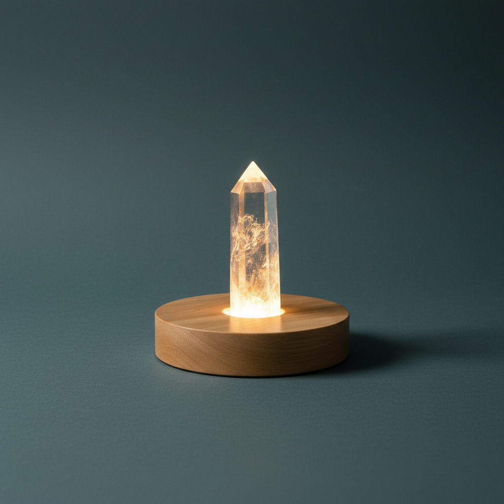 A glowing clear quartz crystal lamp on a round wooden base against a soft teal backdrop. — for Carpe Diem Dream
