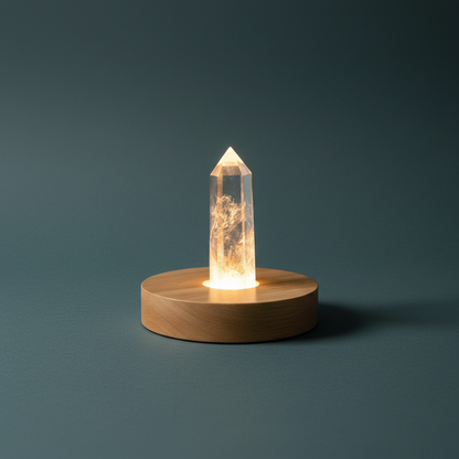 A glowing clear quartz crystal lamp on a round wooden base against a soft teal backdrop. — for Carpe Diem Dream