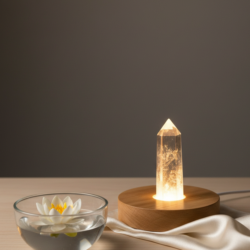 A clear quartz crystal lamp glowing on a wooden base beside a glass bowl and soft white fabric. — for Carpe Diem Dream