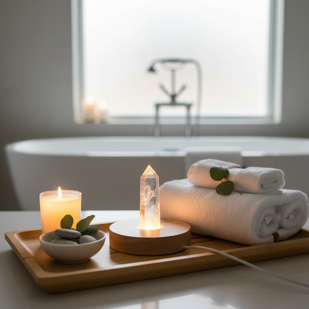 A clear quartz crystal lamp glowing on a round wooden base set on a spa tray beside rolled towels and a lit candle, creating a serene retreat scene. — for Carpe Diem Dream