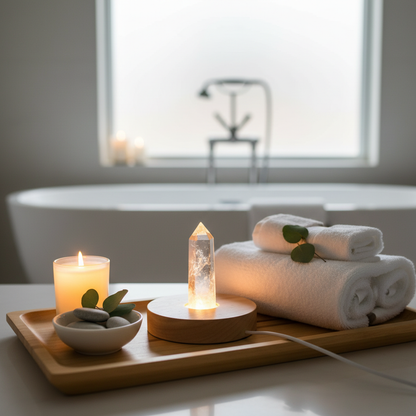 A clear quartz crystal lamp glowing on a round wooden base set on a spa tray beside rolled towels and a lit candle, creating a serene retreat scene. — for Carpe Diem Dream
