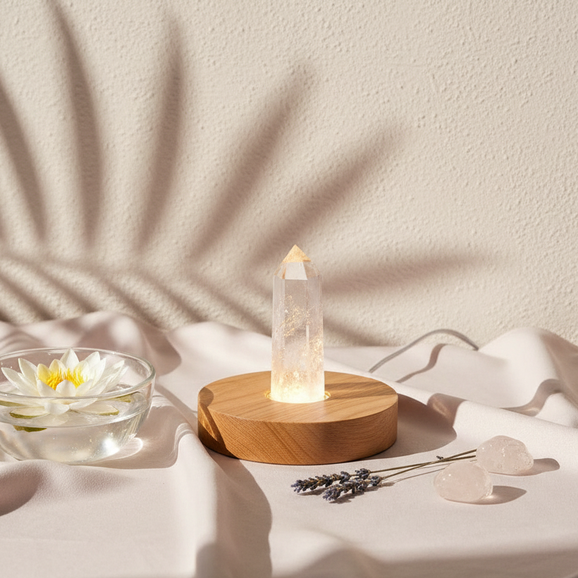 A clear quartz crystal lamp on a wooden base surrounded by soft linens, lavender sprigs, and a floating flower bowl in warm natural light. — for Carpe Diem Dream
