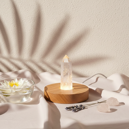 A clear quartz crystal lamp on a wooden base surrounded by soft linens, lavender sprigs, and a floating flower bowl in warm natural light. — for Carpe Diem Dream
