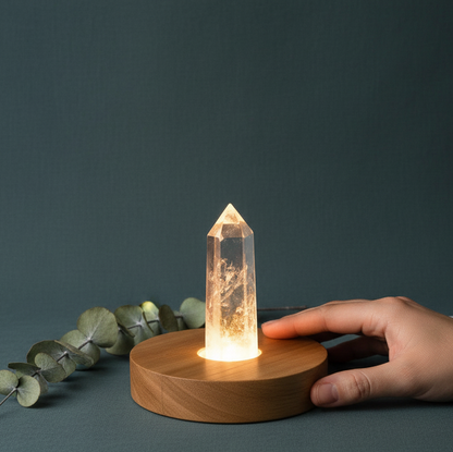 A clear quartz crystal lamp on a round wooden base beside eucalyptus stems with a hand reaching toward it. — for Carpe Diem Dream