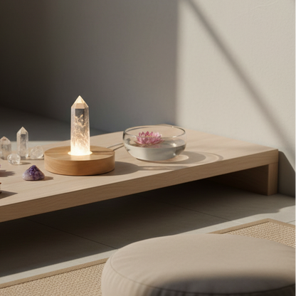 A clear quartz crystal lamp on a round wooden base resting on a low meditation table beside small crystal clusters and a lotus flower floating in a glass bowl, illuminated by warm morning light. — for Carpe Diem Dream