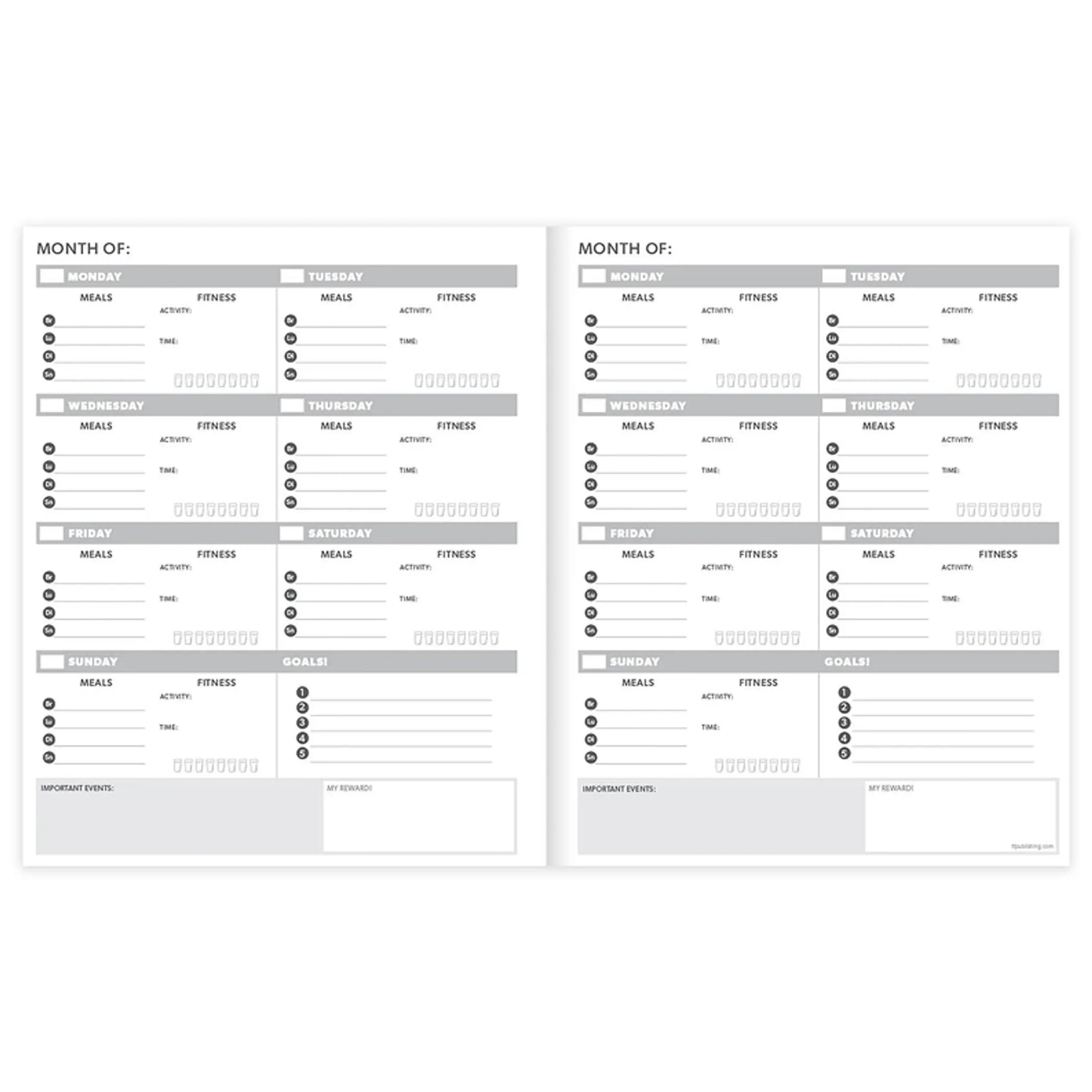 An open health and wellness planner displaying weekly food and fitness tracking pages on a white background. — for Carpe Diem Dream
